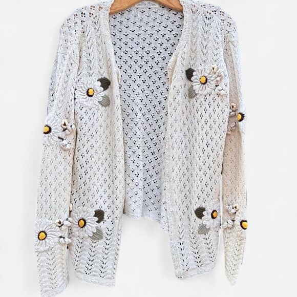 Cottage core vintage daisy flower child cream crotchet knit 3d daisy cardigan S - Picture 3 of 8